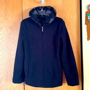 Sandro zip up vegan curly fleece argyle hooded jacket coat MED black lined VGUC